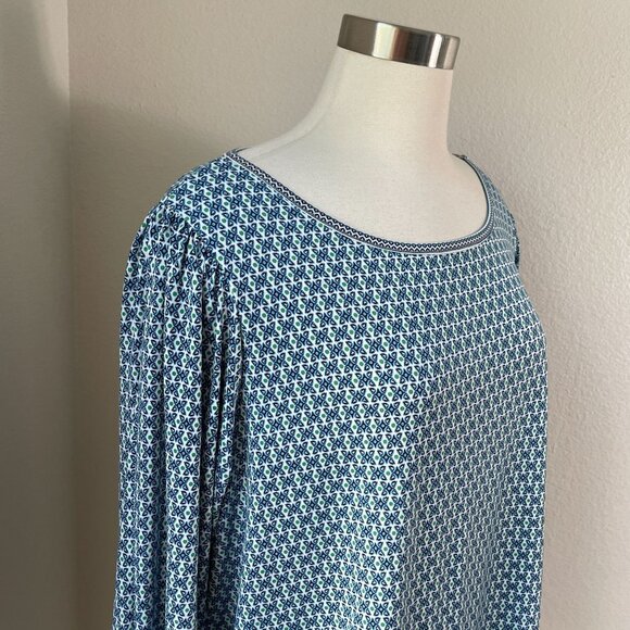 Max Studio Womens Plus 2X Blue Green Printed Blouse Tie Sleeve Stretch Tunic Top - Picture 2 of 11